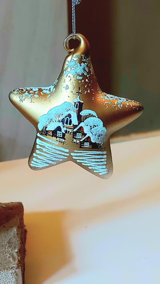 Vintage Czech Glass Christmas Ornament: Hand-Painted Gold Star, House Motif