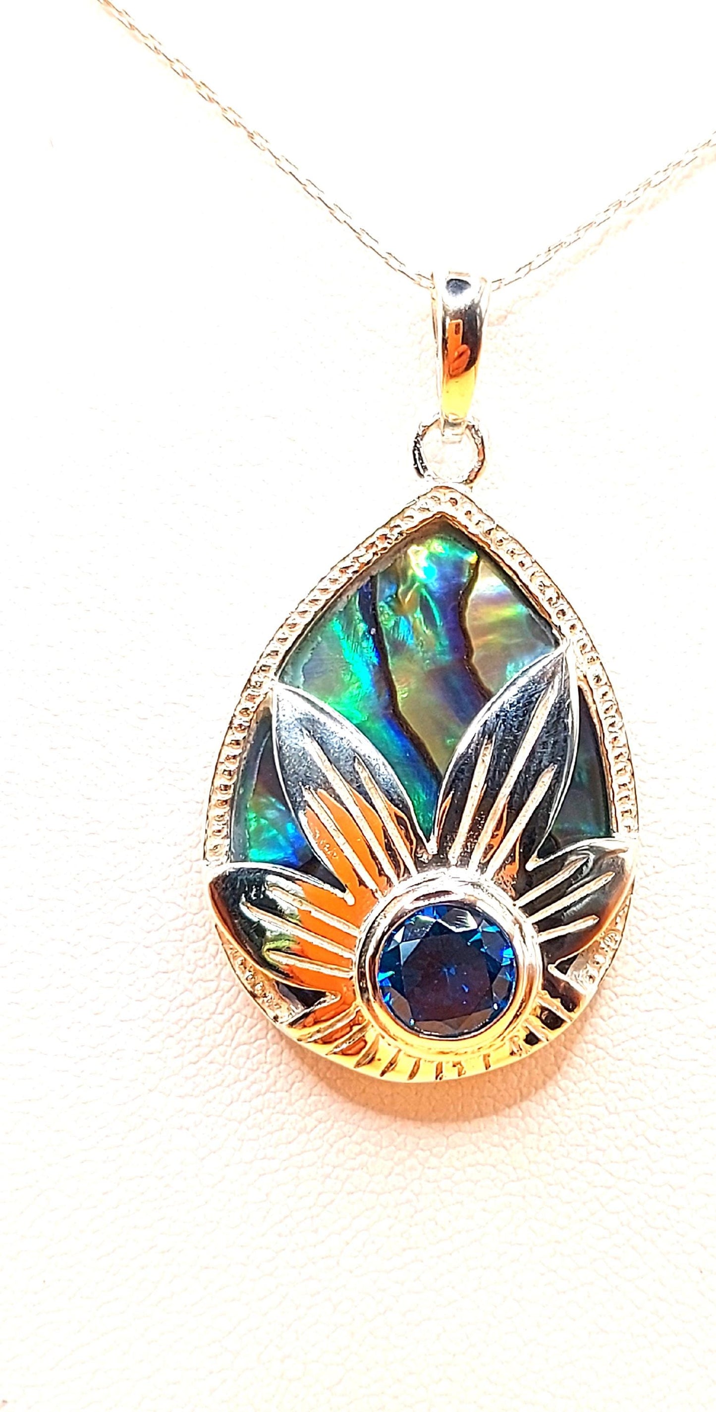 Silver Handmade Inlay Pendant Semi Precious Abalone Shell- Flower