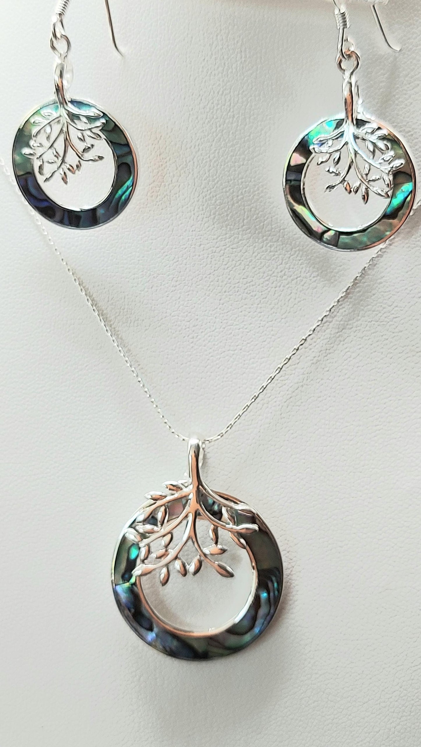 Silver Handmade Inlay Pendant/Earrings Set Semi Precious Abalone Shell- Tree of Life