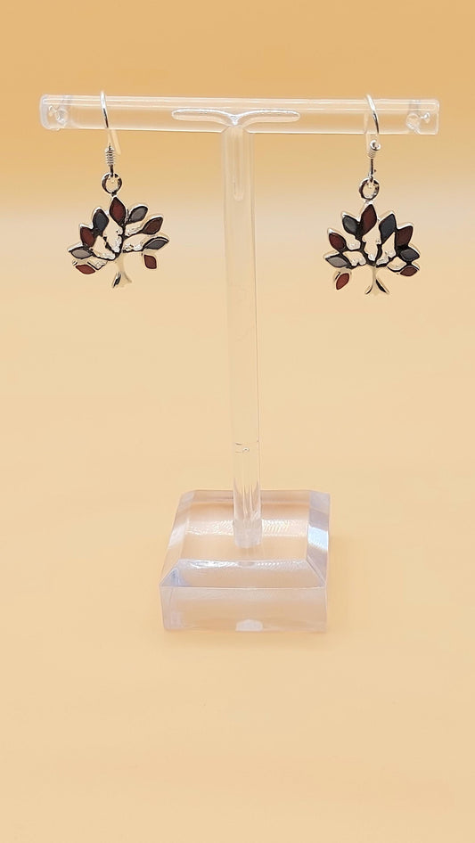 Silver Handmade Inlay Earrings Semi Precious Natural Shell- Tree