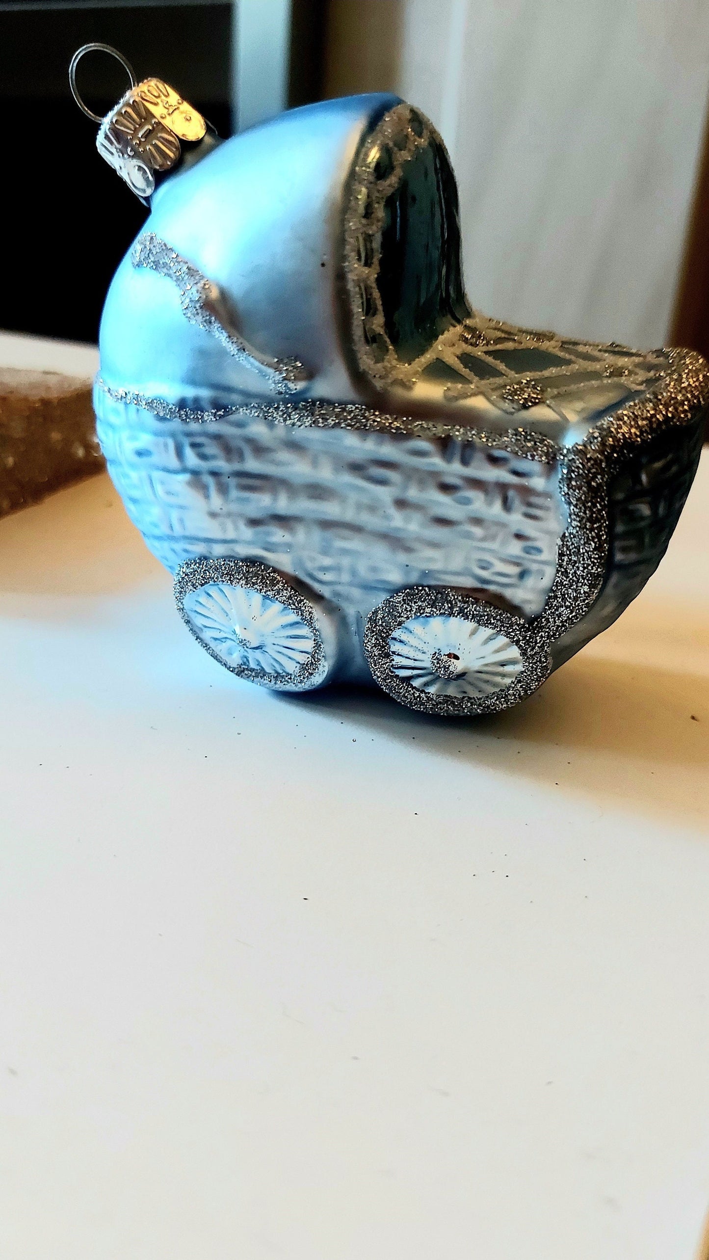 Vintage Czech Republic, Glass Blown, Hand Painted Christmas Tree Ornament - Blue Pram