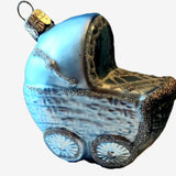 Vintage Czech Republic, Glass Blown, Hand Painted Christmas Tree Ornament - Blue Pram