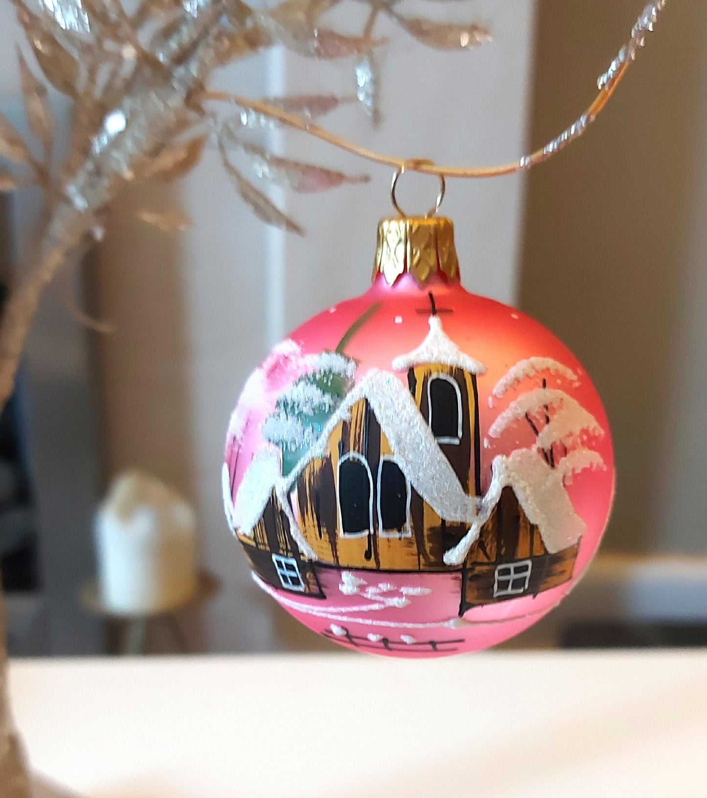 Vintage Czech Glass Christmas Ornament: Hand-Painted Pink Small Ball