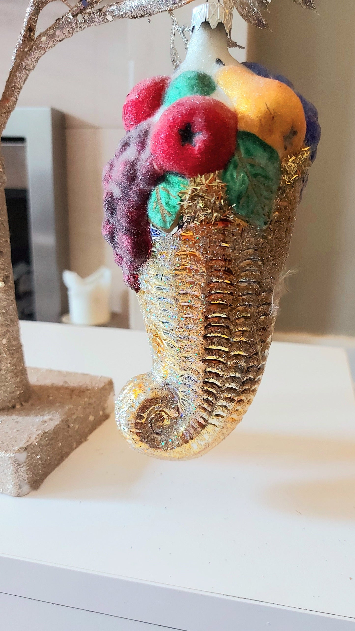 Vintage Czech Republic, Glass Blown, Hand Painted Christmas Tree Ornament - Large Fruit Cone Gold