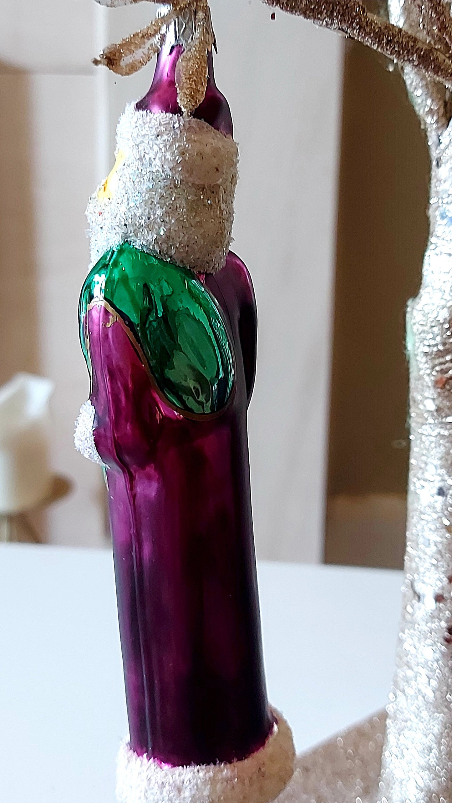 Vintage Czech Republic, Glass Blown, Hand Painted Christmas Tree Ornament - Thin Santa Purple