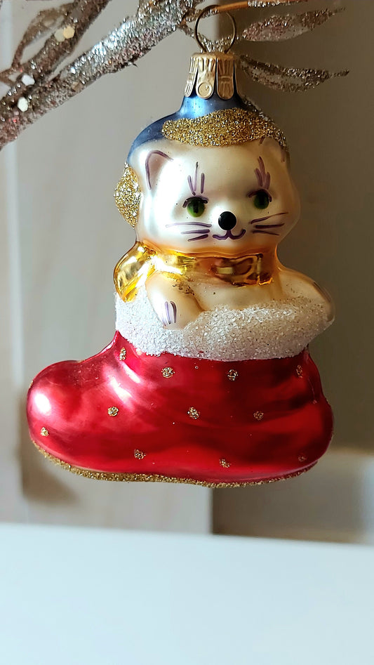 Vintage Czech Republic, Glass Blown, Hand Painted Christmas Tree Ornament - Cat in Boot