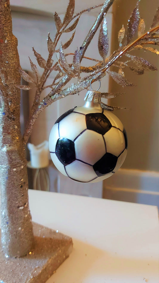 Vintage Czech Republic, Glass Blown, Hand Painted Christmas Tree Ornament - football