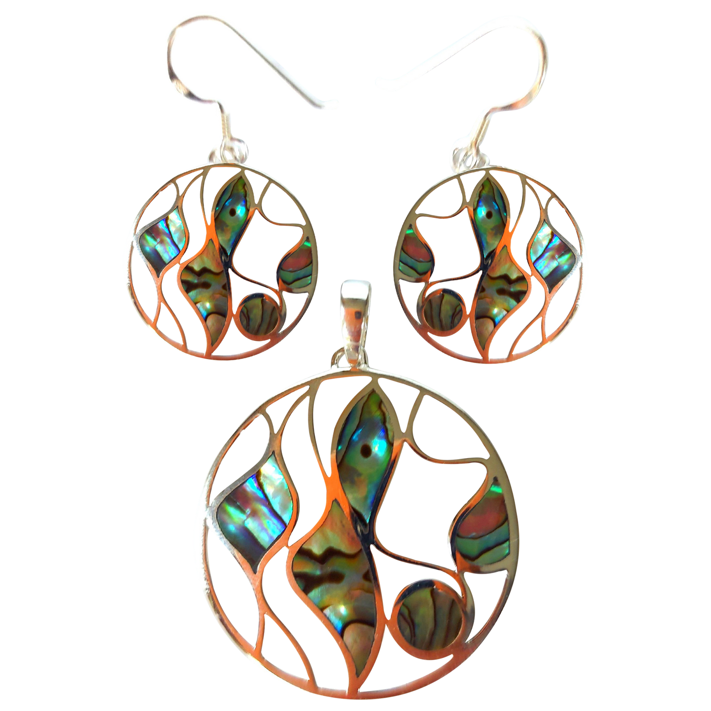 Silver Handmade Inlay Pendant/Earring Set Semi Precious Abalone Shell- Multi