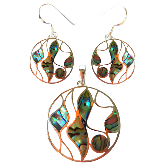 Silver Handmade Inlay Pendant/Earring Set Semi Precious Abalone Shell- Multi