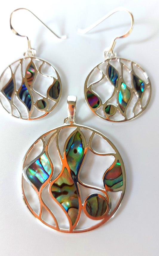 Silver Handmade Inlay Pendant/Earring Set Semi Precious Abalone Shell- Multi