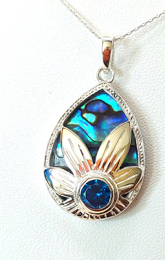 Silver Handmade Inlay Pendant Semi Precious Abalone Shell- Flower