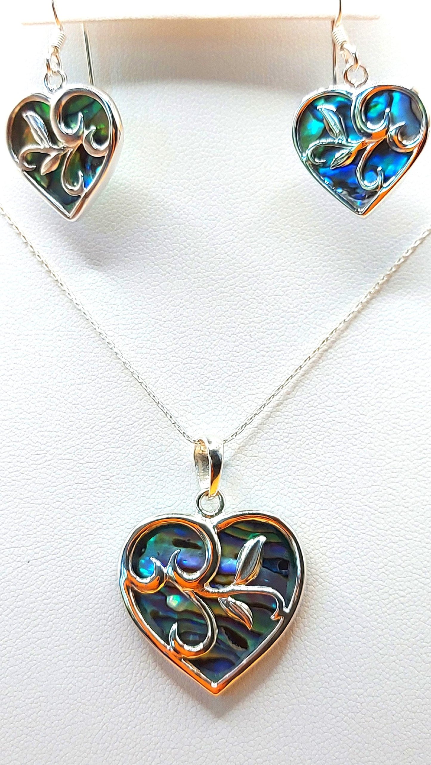 Silver Handmade Inlay Pendant/Earring Set Semi Precious Abalone Shell- Heart