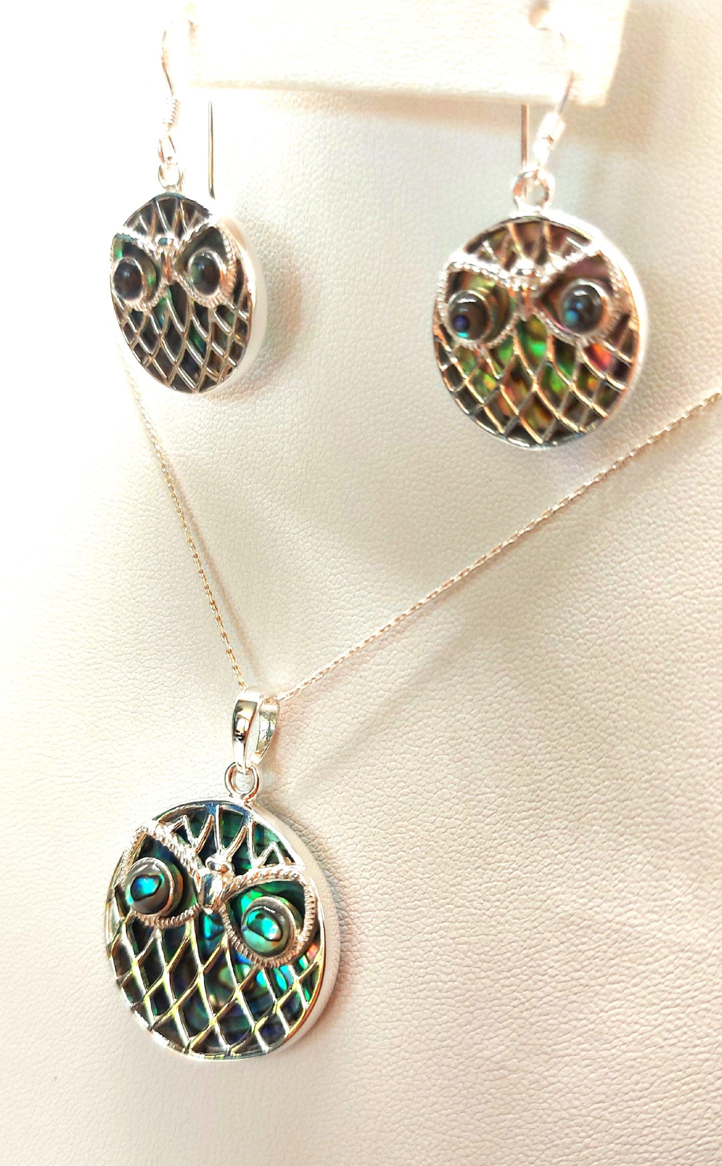 Silver Handmade Inlay Pendant/Earring Set Semi Precious Abalone Shell- Owl