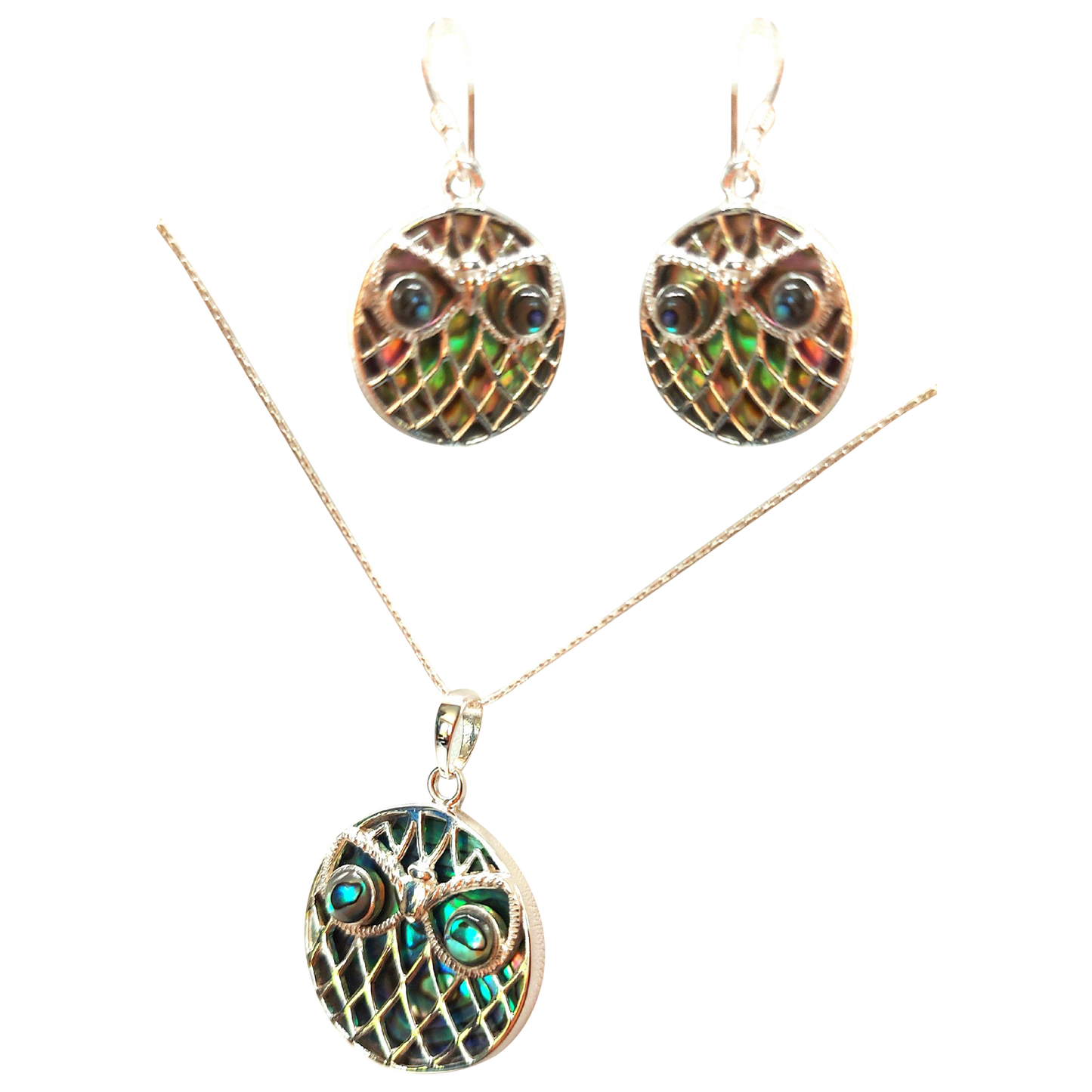 Silver Handmade Inlay Pendant/Earring Set Semi Precious Abalone Shell- Owl
