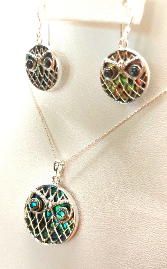Silver Handmade Inlay Pendant/Earring Set Semi Precious Abalone Shell- Owl