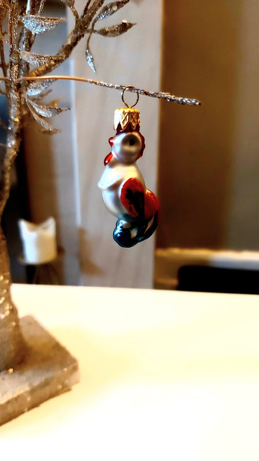 Vintage Czech Republic, Glass Blown, Hand Painted Christmas Tree Ornament - cockerels a pair ( x 2 )