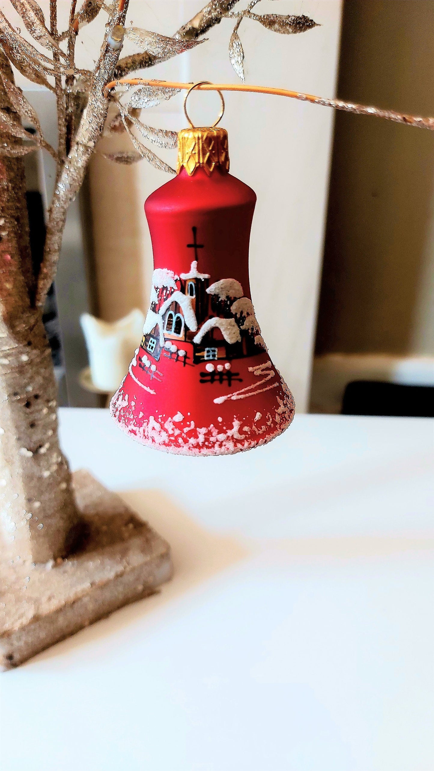 Vintage Czech Glass Christmas Bell Ornament: Hand-Painted House Motif