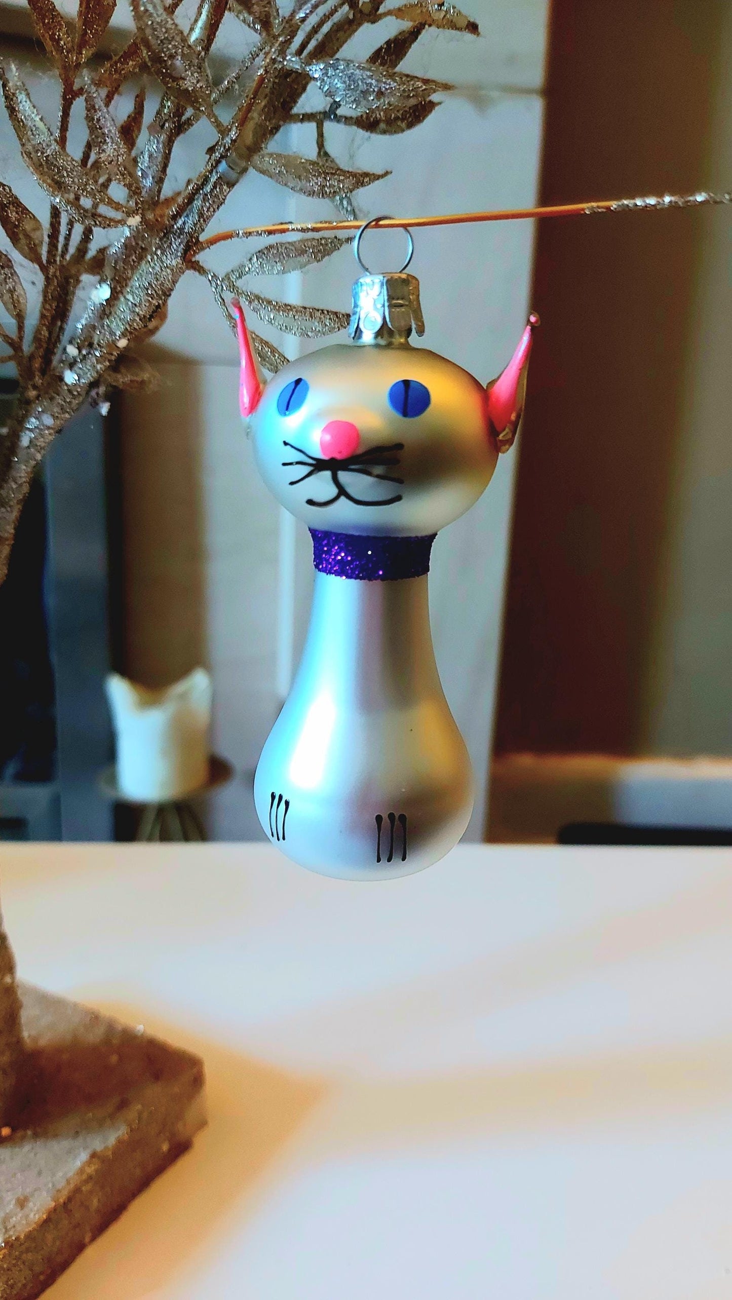 Vintage Czech Republic, Glass Blown, Hand Painted Christmas Tree Ornament - Silver Cat