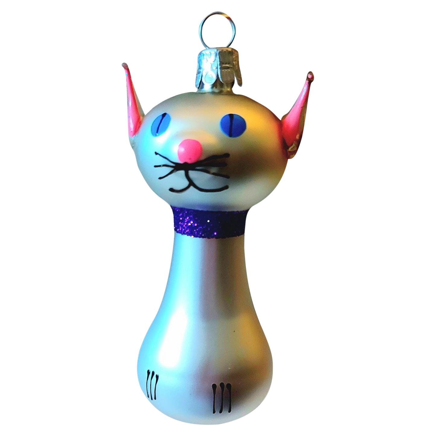 Czech Republic, Glass Blown, Hand Painted Christmas Tree Ornament - Silver Cat