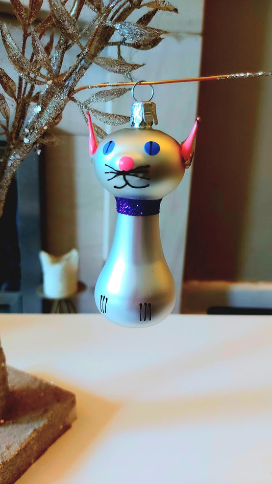 Vintage Czech Republic, Glass Blown, Hand Painted Christmas Tree Ornament - Silver Cat