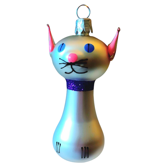 Czech Republic, Glass Blown, Hand Painted Christmas Tree Ornament - Silver Cat