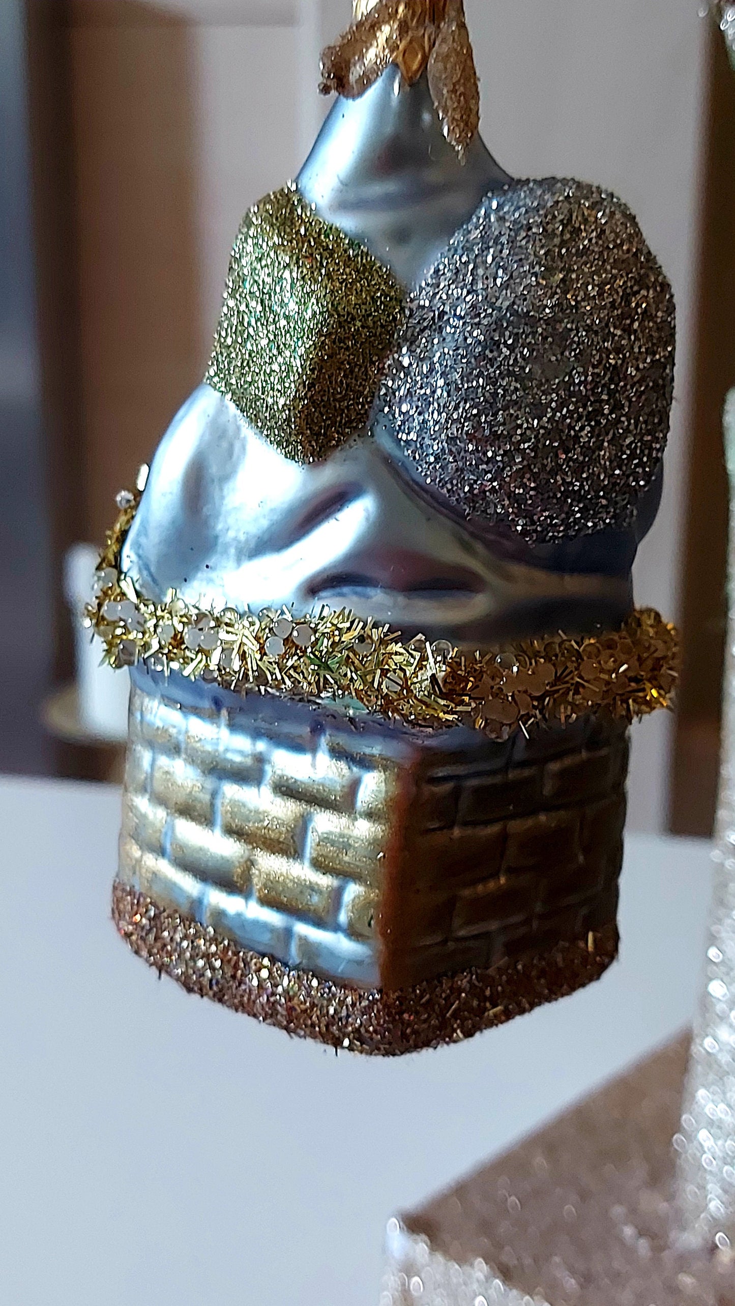 Vintage Czech Republic, Glass Blown, Hand Painted Christmas Tree Ornament - Large Santa in Chimney