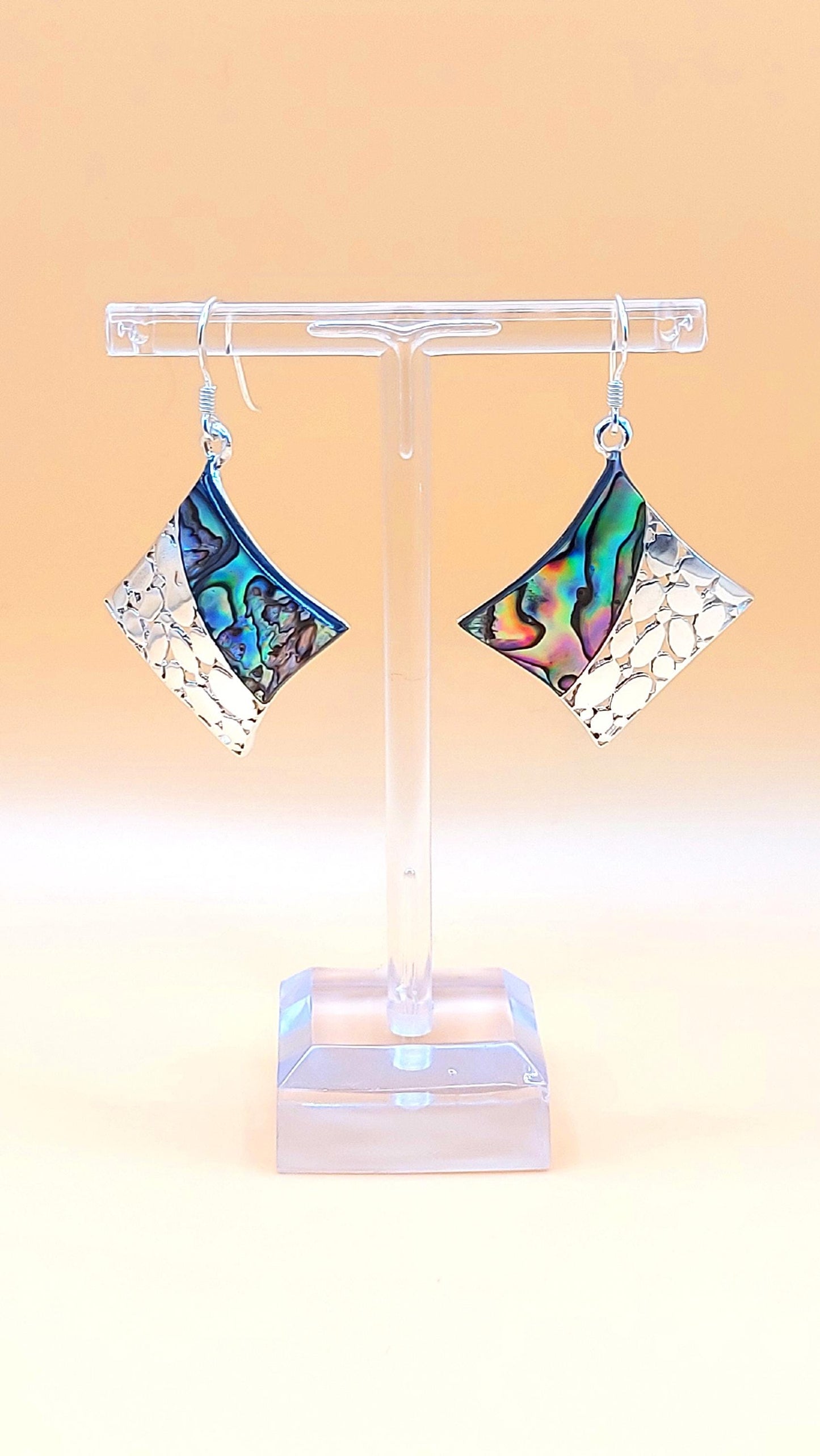 Silver Handmade Inlay Earrings Semi Precious Abalone Shell- Square
