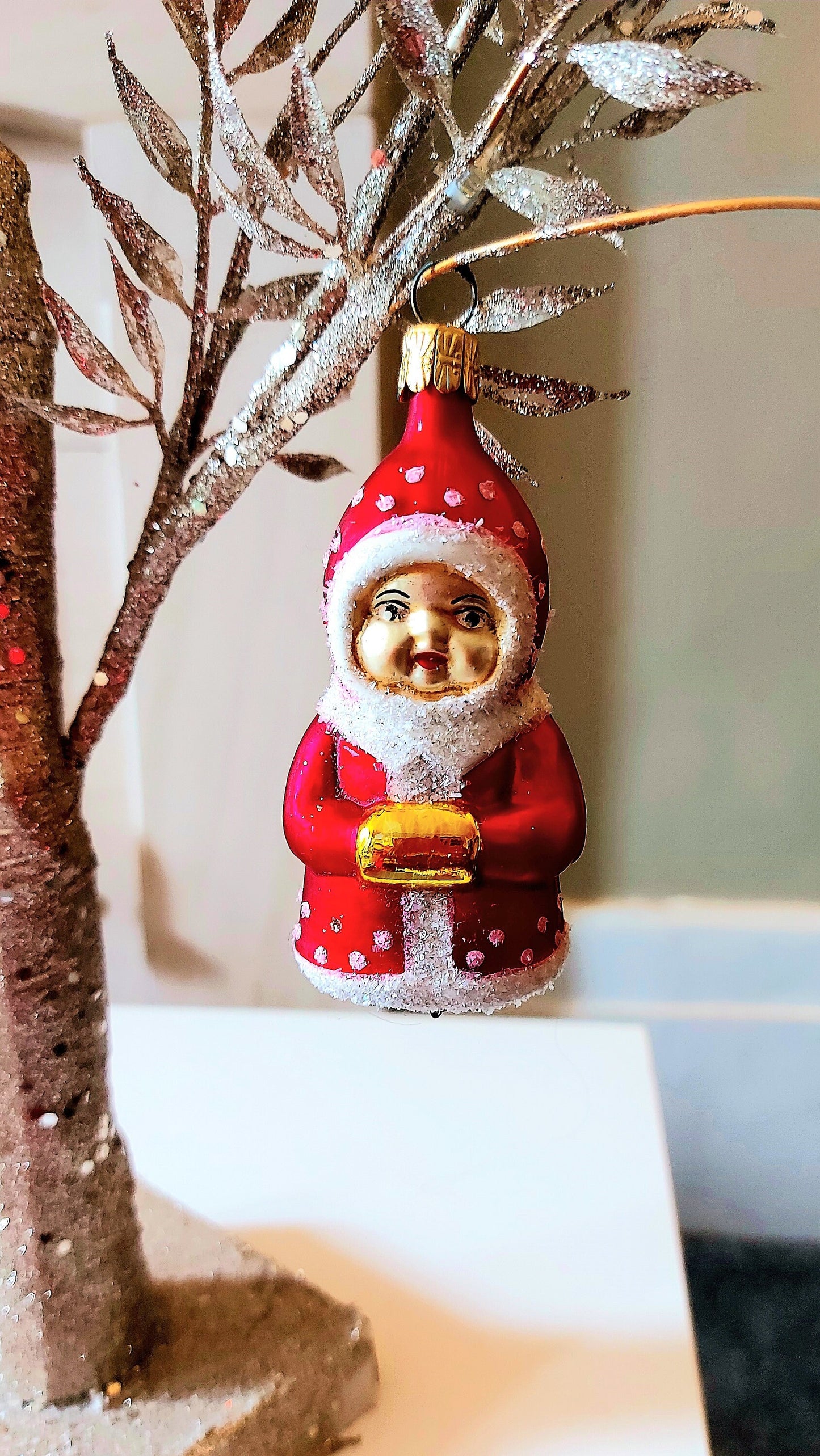 Vintage Czech Republic, Glass Blown, Hand Painted Christmas Tree Ornament - Gnome