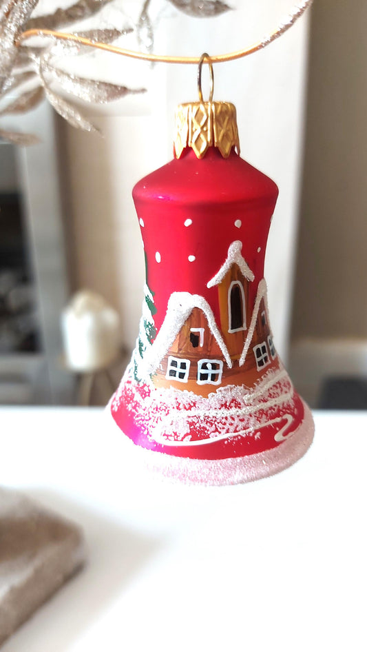 Vintage Czech Glass Christmas Bell Ornament: Hand-Painted House Motif