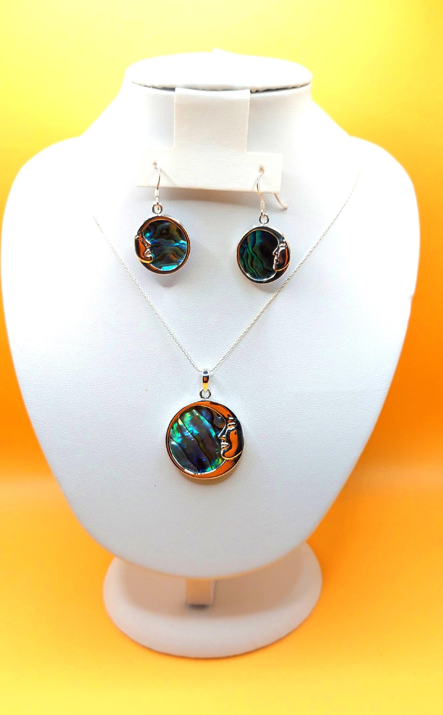 Silver Handmade Inlay Pendant/Earring Set Semi Precious Abalone Shell- Moon