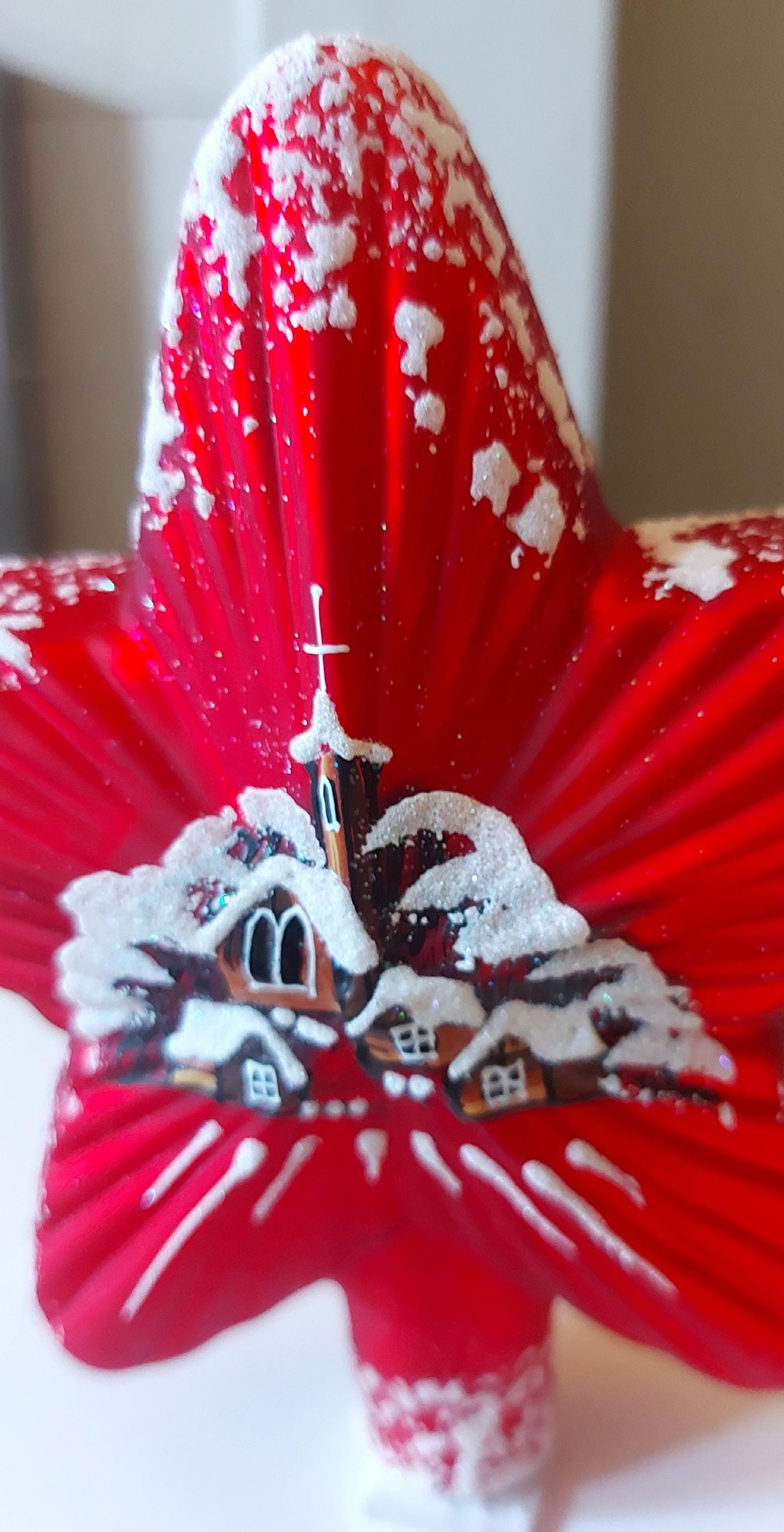 Vintage Czech Republic, Glass Blown, Hand Painted Christmas Tree Ornament - Red Star Tree Topper