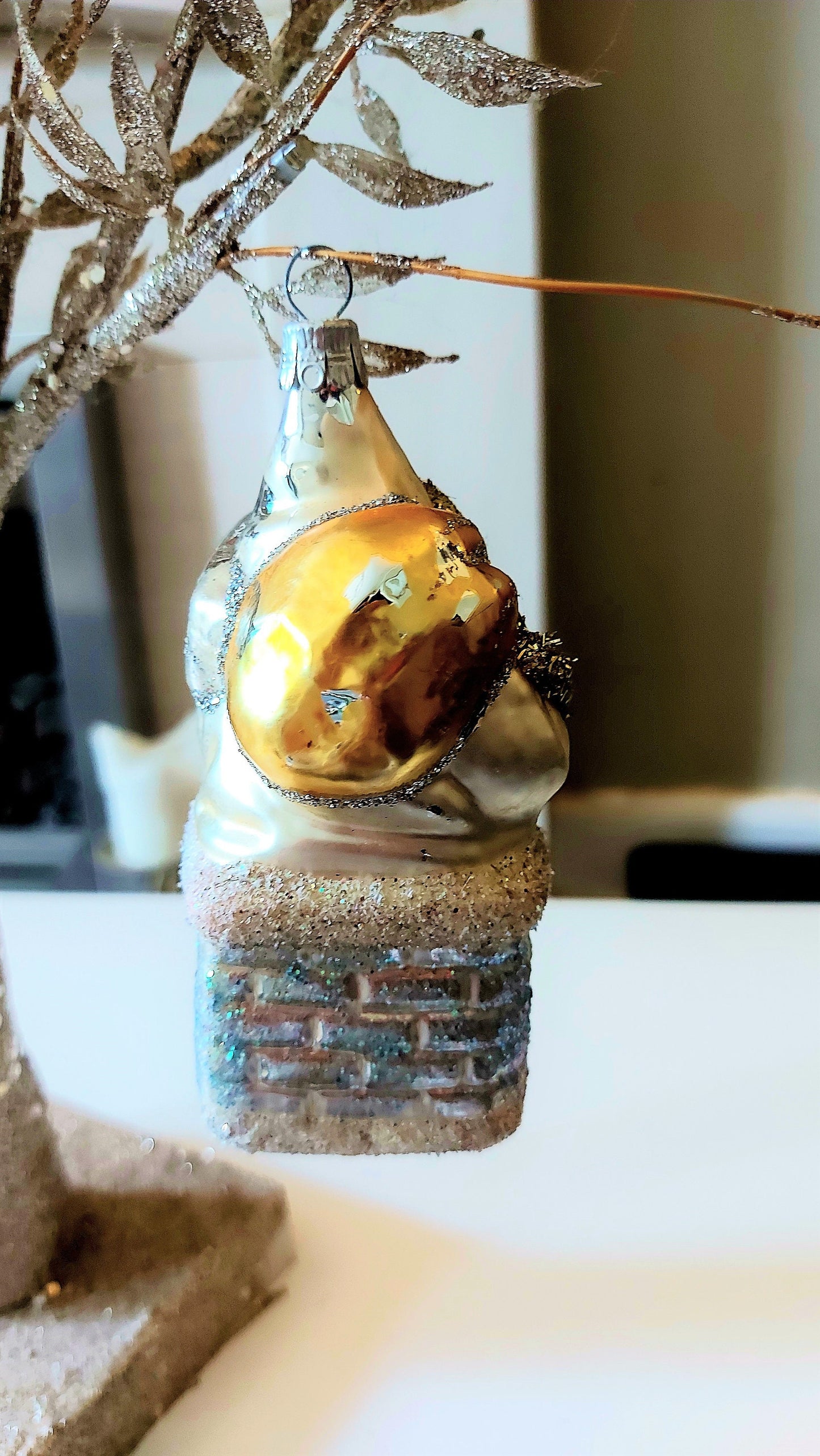 Vintage Czech Republic, Glass Blown, Hand Painted Christmas Tree Ornament - Large Santa in Chimney