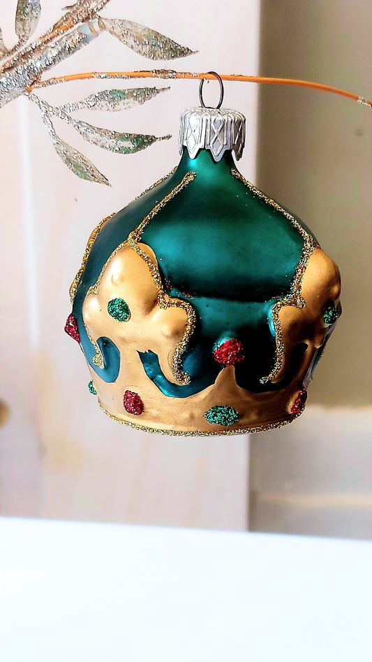 Vintage Czech Republic, Glass Blown, Hand Painted Christmas Tree Ornament - Crown