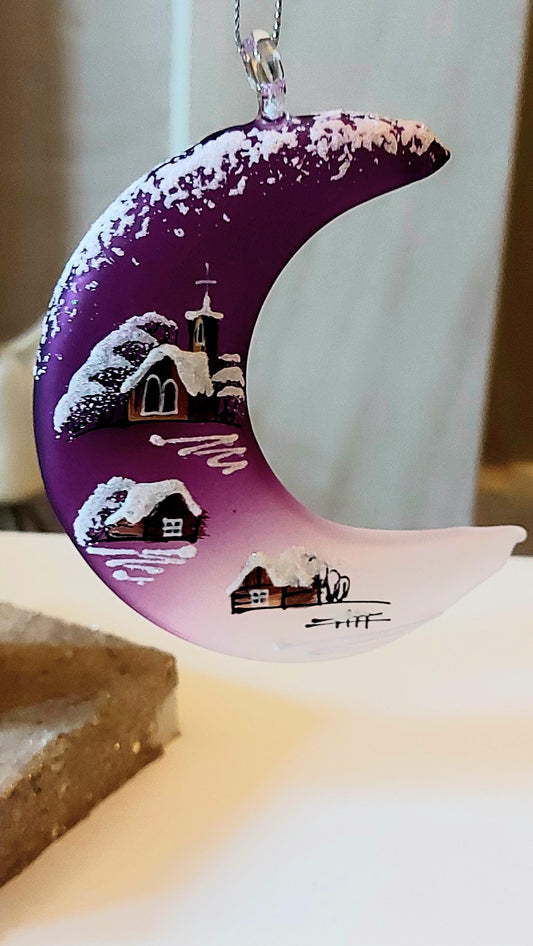 Vintage Czech Glass Christmas Ornament: Hand-Painted Purple Half Moon
