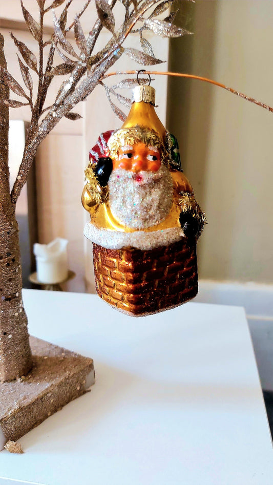 Vintage Czech Republic, Glass Blown, Hand Painted Christmas Tree Ornament - Large Santa in Chimney