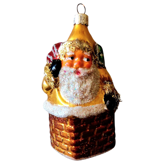 Czech Republic, Glass Blown, Hand Painted Christmas Tree Ornament - Large Santa in Chimney