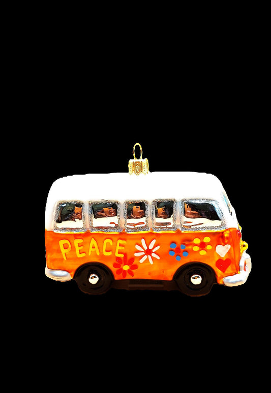 Vintage Czech Republic, Glass Blown, Hand Painted Christmas Tree Ornament - Orange Hippy Bus