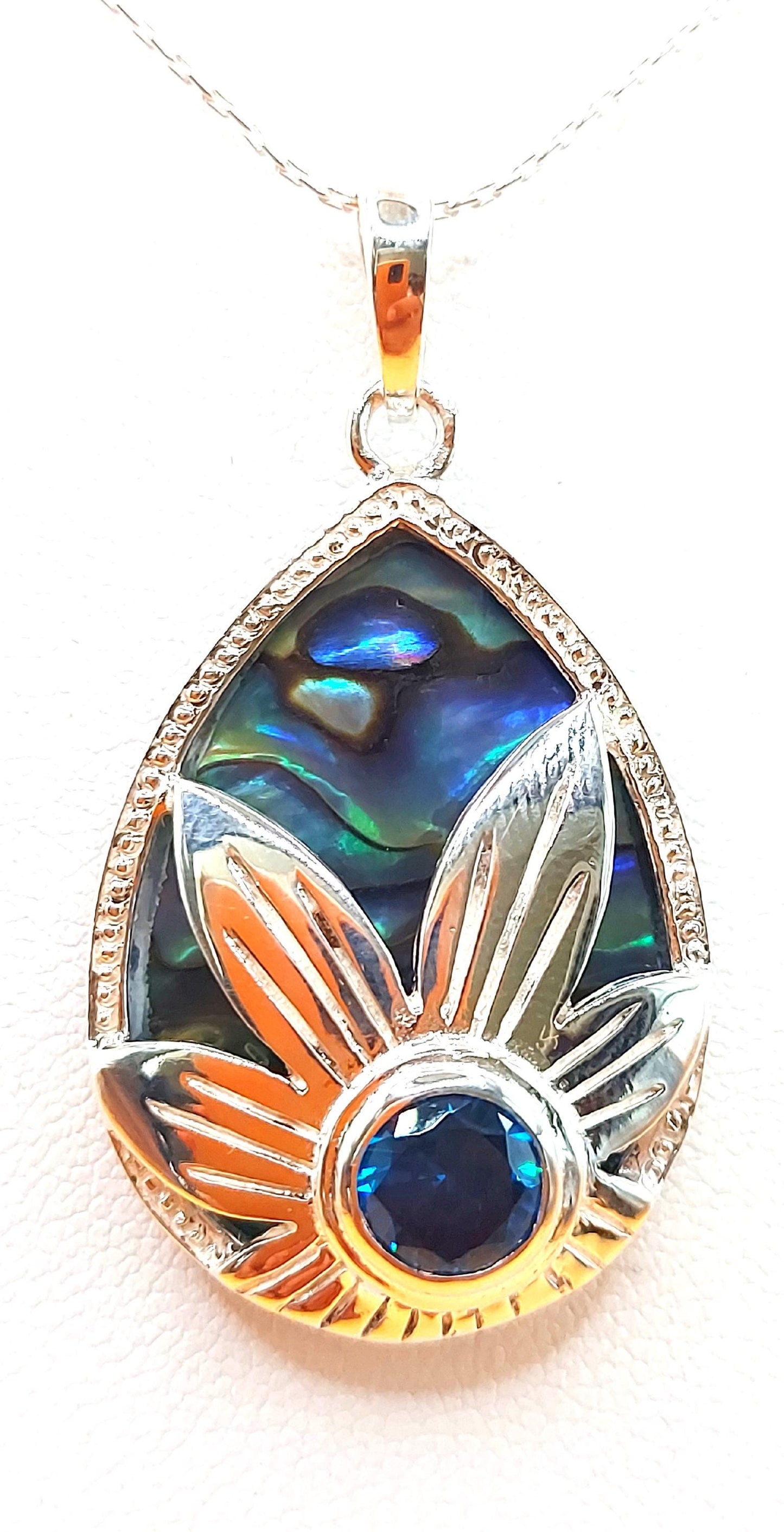 Silver Handmade Inlay Pendant/Earring Set Semi Precious Abalone Shell- Flower