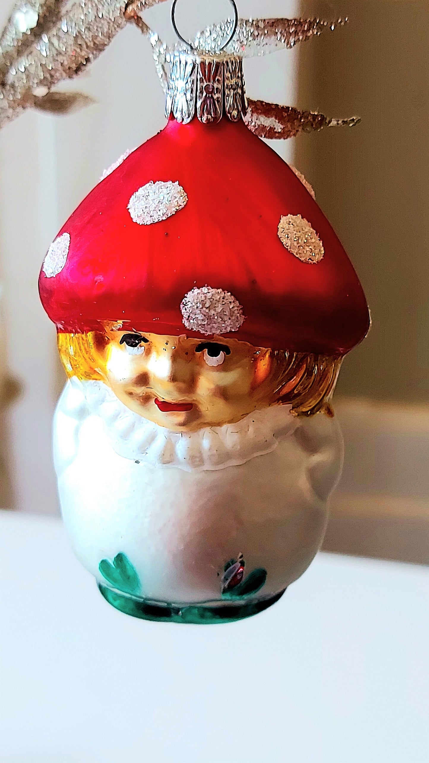 Vintage Czech Republic, Glass Blown, Hand Painted Christmas Tree Ornament - Mushroom Child