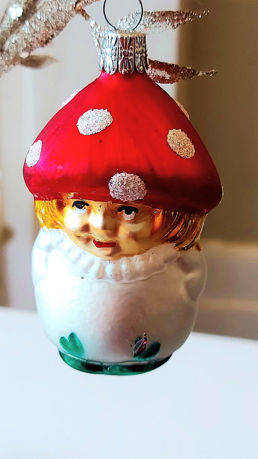 Czech Republic, Glass Blown, Hand Painted Christmas Tree Ornament - Mushroom Child