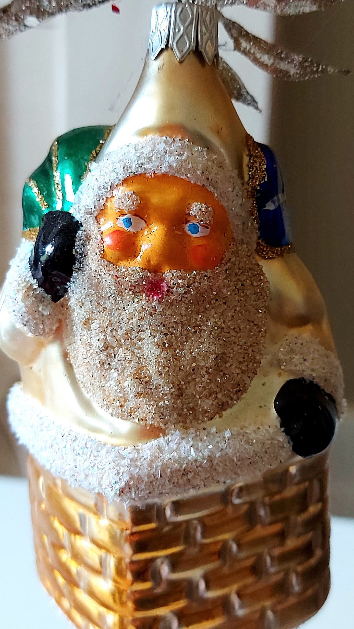 Vintage Czech Republic, Glass Blown, Hand Painted Christmas Tree Ornament - Large Santa in Chimney