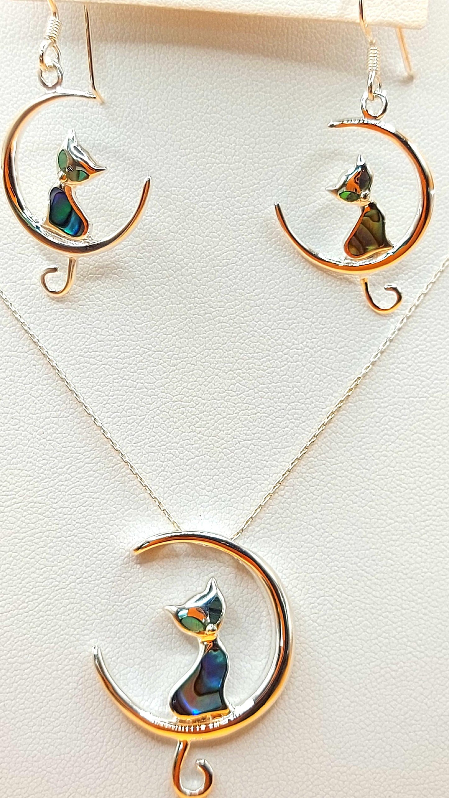 Silver Handmade Inlay Pendant/Earring Set Semi Precious Abalone Shell- Cat on Moon