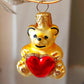 Vintage Czech Republic, Glass Blown, Hand Painted Christmas Tree Ornament - Heart Teddy ( x 2 )