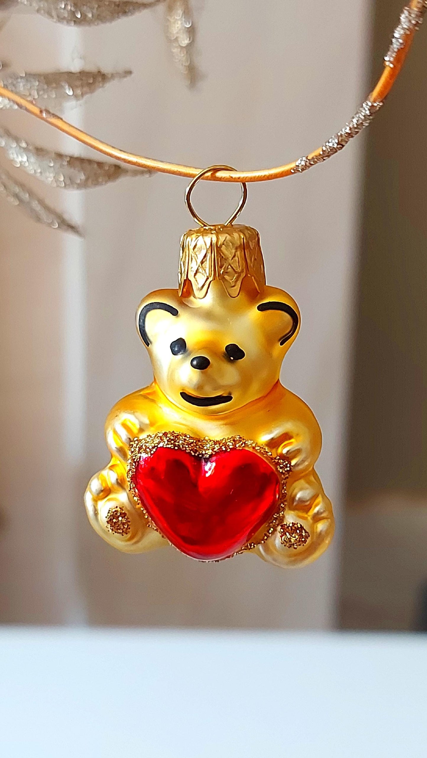 Vintage Czech Republic, Glass Blown, Hand Painted Christmas Tree Ornament - Heart Teddy ( x 2 )