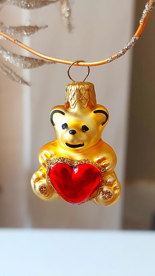 Vintage Czech Republic, Glass Blown, Hand Painted Christmas Tree Ornament - Heart Teddy ( x 2 )