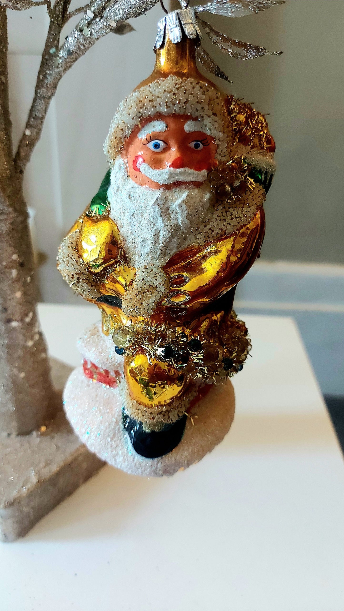 Vintage Czech Republic, Glass Blown, Hand Painted Christmas Tree Ornament - Large Santa Chimney Gold