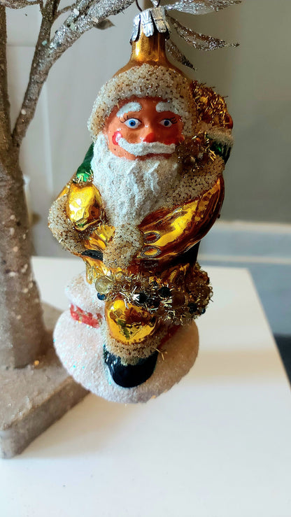 Vintage Czech Republic, Glass Blown, Hand Painted Christmas Tree Ornament - Large Santa Chimney Gold