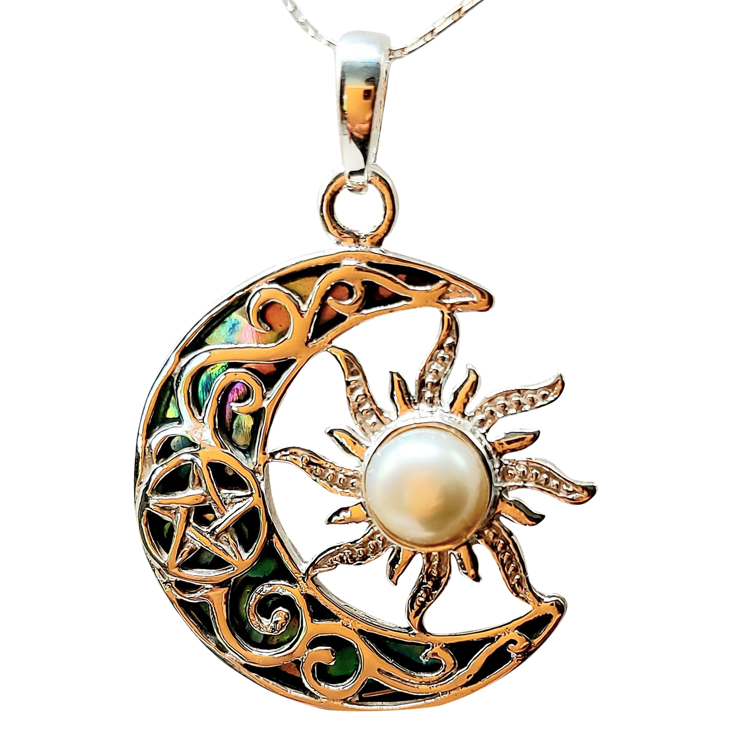 Silver Handmade Inlay Pendant Semi Precious Abalone Shell- Moon/Sun