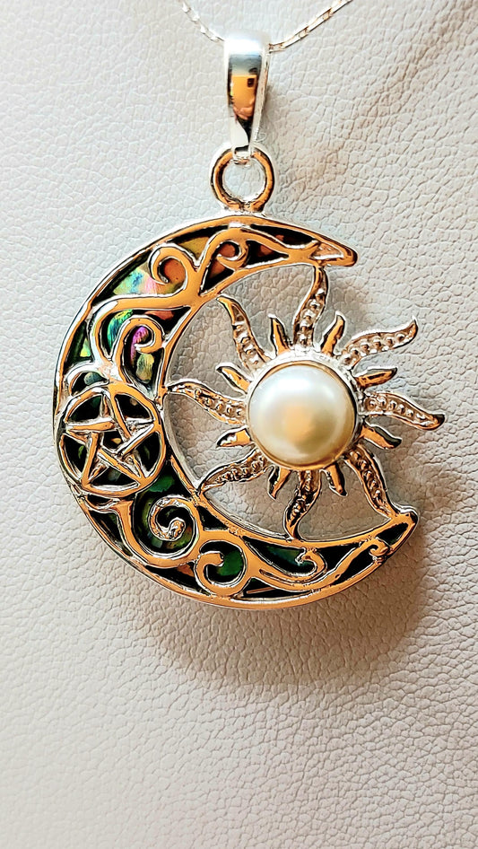 Silver Handmade Inlay Pendant Semi Precious Abalone Shell- Moon/Sun