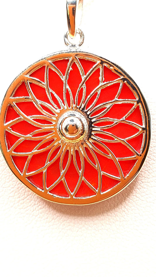 Silver Handmade Inlay Pendant Semi Precious Abalone Shell- Red Circle